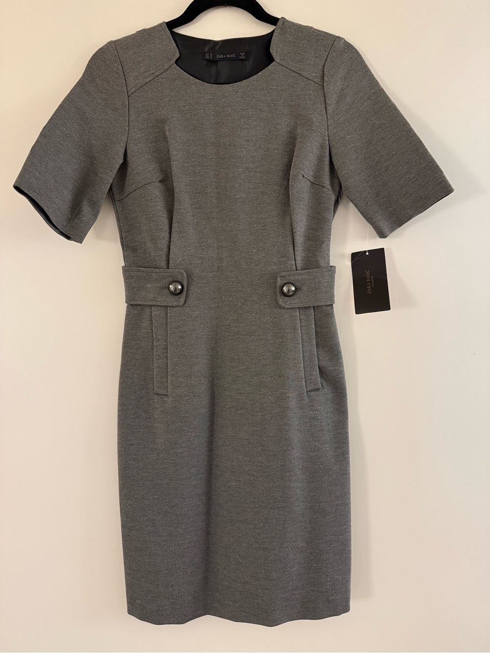 NWT Zara Sleek Gray Short-Sleeve Sheath Midi Dress Work Office Classy  0 2